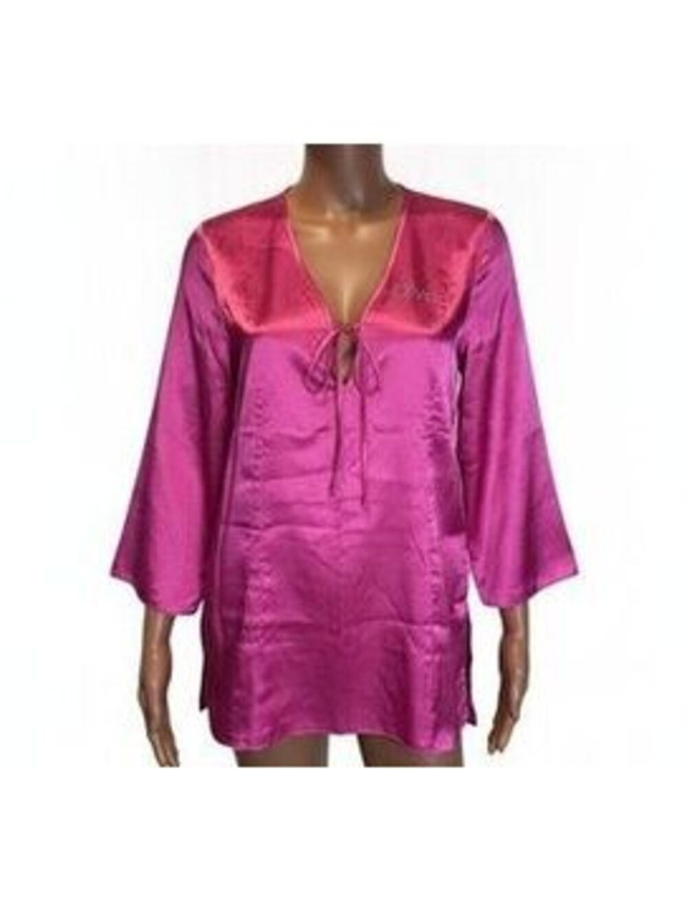 Diva Pink Satin Long Sleeve pajama Blouse with Rhinestone Logo, Size 2X